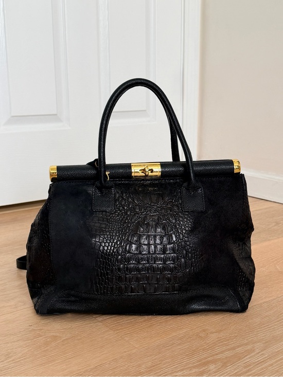 Made in Italy Handbags - Italy Made Genuine Leather Croc Embossed Satchel Bag Suede Lock Crossbody Large